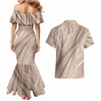 Polynesian Puakeniken Pikake Twisted Lei Couples Matching Mermaid Dress and Hawaiian Shirt Beige LT7 - Polynesian Pride