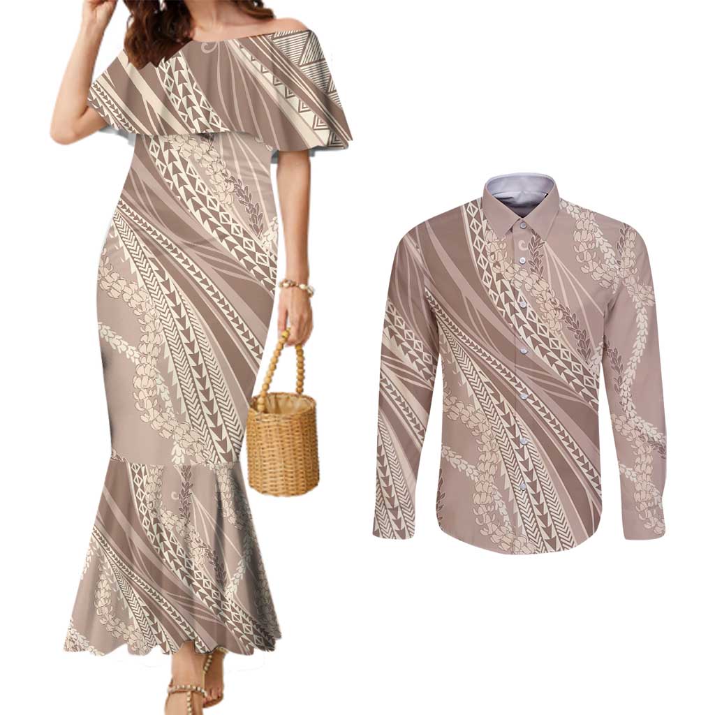 Polynesian Puakeniken Pikake Twisted Lei Couples Matching Mermaid Dress and Long Sleeve Button Shirt Beige LT7 Beige - Polynesian Pride