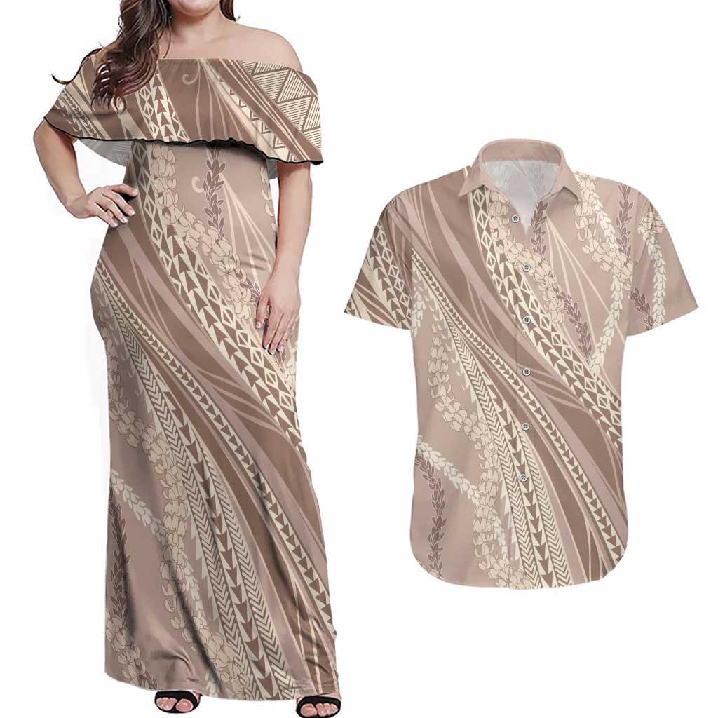 Polynesian Puakeniken Pikake Twisted Lei Couples Matching Off Shoulder Maxi Dress and Hawaiian Shirt Beige - Polynesian Pride