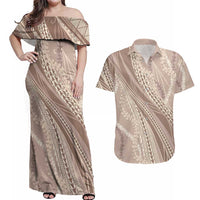 Polynesian Puakeniken Pikake Twisted Lei Couples Matching Off Shoulder Maxi Dress and Hawaiian Shirt Beige LT7 Beige - Polynesian Pride