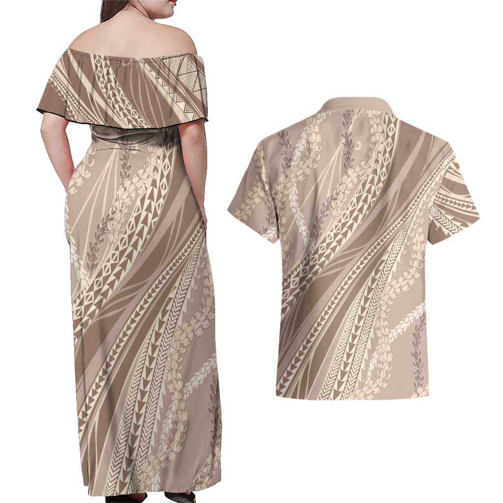 Polynesian Puakeniken Pikake Twisted Lei Couples Matching Off Shoulder Maxi Dress and Hawaiian Shirt Beige LT7 - Polynesian Pride