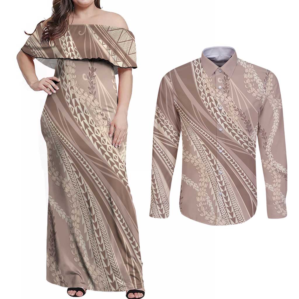 Polynesian Puakeniken Pikake Twisted Lei Couples Matching Off Shoulder Maxi Dress and Long Sleeve Button Shirt Beige LT7 Beige - Polynesian Pride