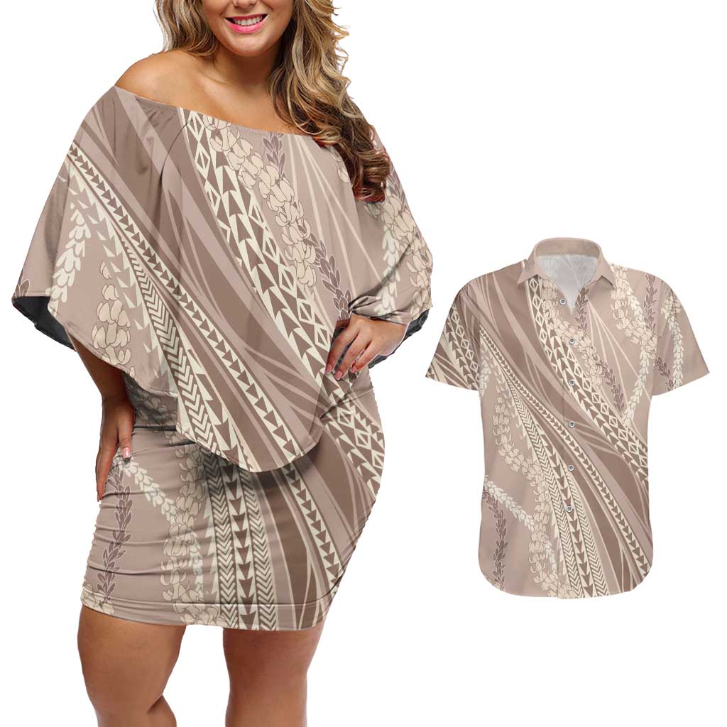 Polynesian Puakeniken Pikake Twisted Lei Couples Matching Off Shoulder Short Dress and Hawaiian Shirt Beige LT7 Beige - Polynesian Pride