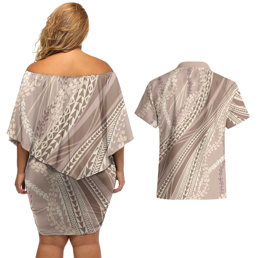 Polynesian Puakeniken Pikake Twisted Lei Couples Matching Off Shoulder Short Dress and Hawaiian Shirt Beige LT7 - Polynesian Pride