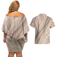 Polynesian Puakeniken Pikake Twisted Lei Couples Matching Off Shoulder Short Dress and Hawaiian Shirt Beige LT7 - Polynesian Pride