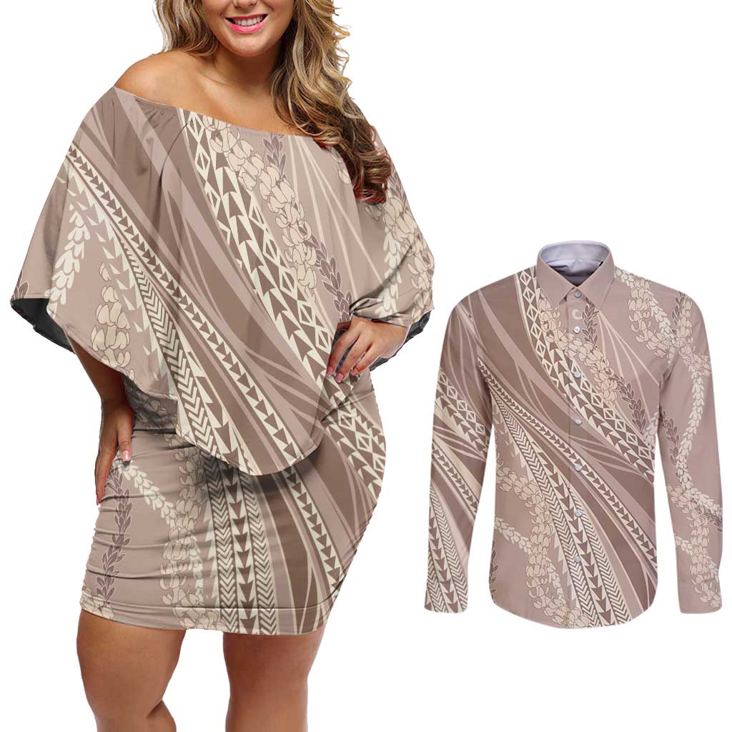 Polynesian Puakeniken Pikake Twisted Lei Couples Matching Off Shoulder Short Dress and Long Sleeve Button Shirt Beige LT7 Beige - Polynesian Pride