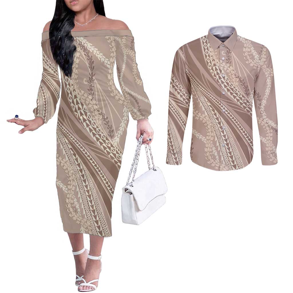 Polynesian Puakeniken Pikake Twisted Lei Couples Matching Off The Shoulder Long Sleeve Dress and Long Sleeve Button Shirt Beige LT7 Beige - Polynesian Pride