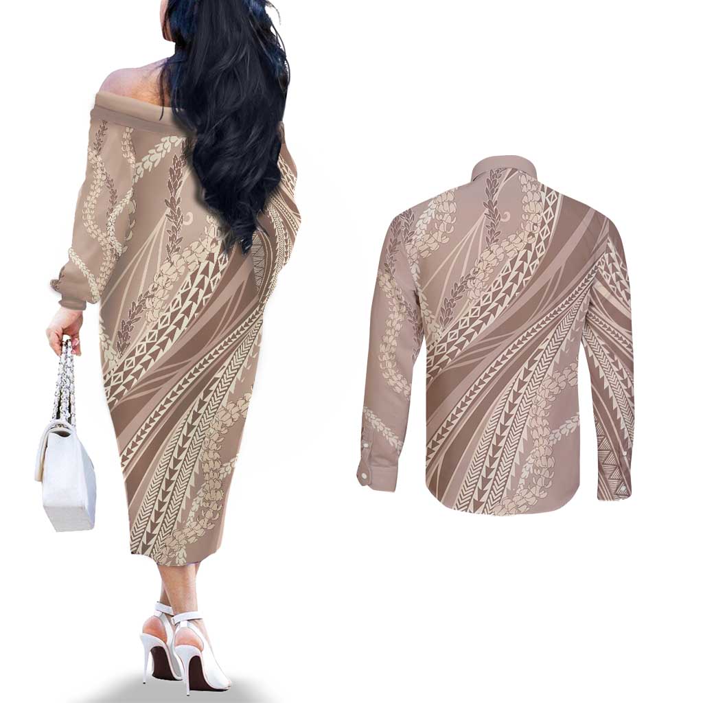 Polynesian Puakeniken Pikake Twisted Lei Couples Matching Off The Shoulder Long Sleeve Dress and Long Sleeve Button Shirt Beige LT7 - Polynesian Pride