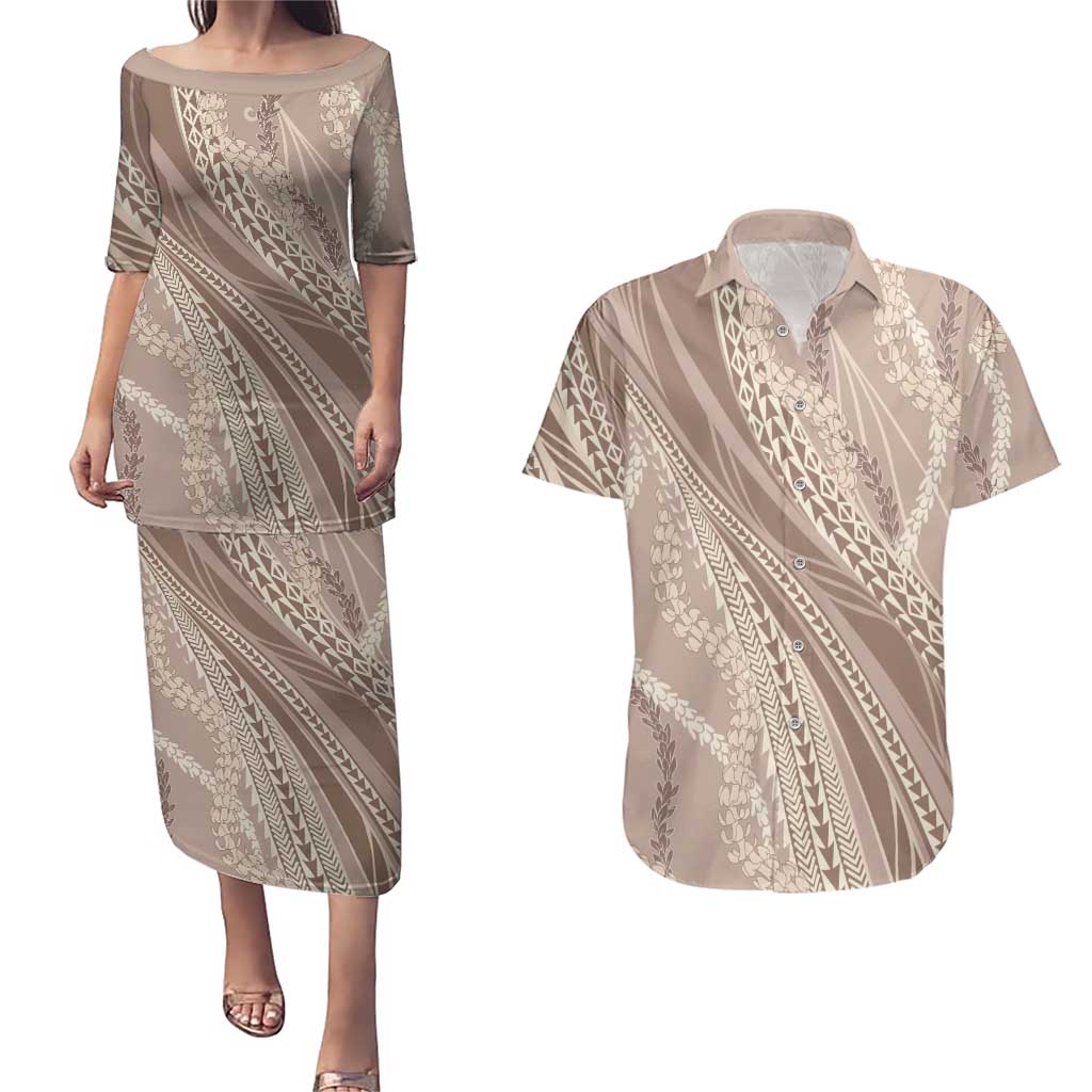 Polynesian Puakeniken Pikake Twisted Lei Couples Matching Puletasi and Hawaiian Shirt Beige LT7 Beige - Polynesian Pride