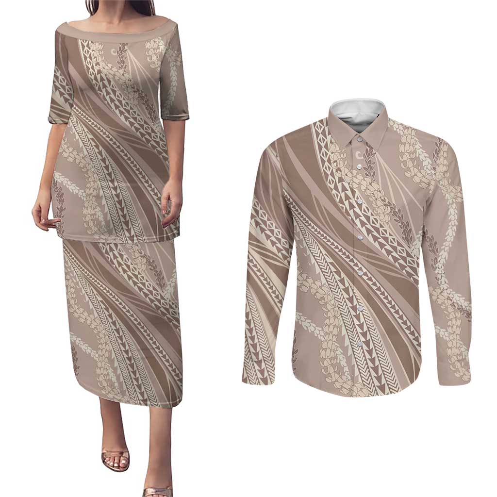 Polynesian Puakeniken Pikake Twisted Lei Couples Matching Puletasi and Long Sleeve Button Shirt Beige LT7 Beige - Polynesian Pride