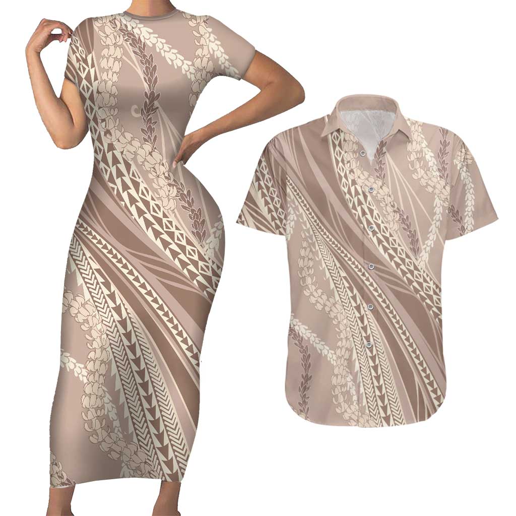 Polynesian Puakeniken Pikake Twisted Lei Couples Matching Short Sleeve Bodycon Dress and Hawaiian Shirt Beige LT7 Beige - Polynesian Pride