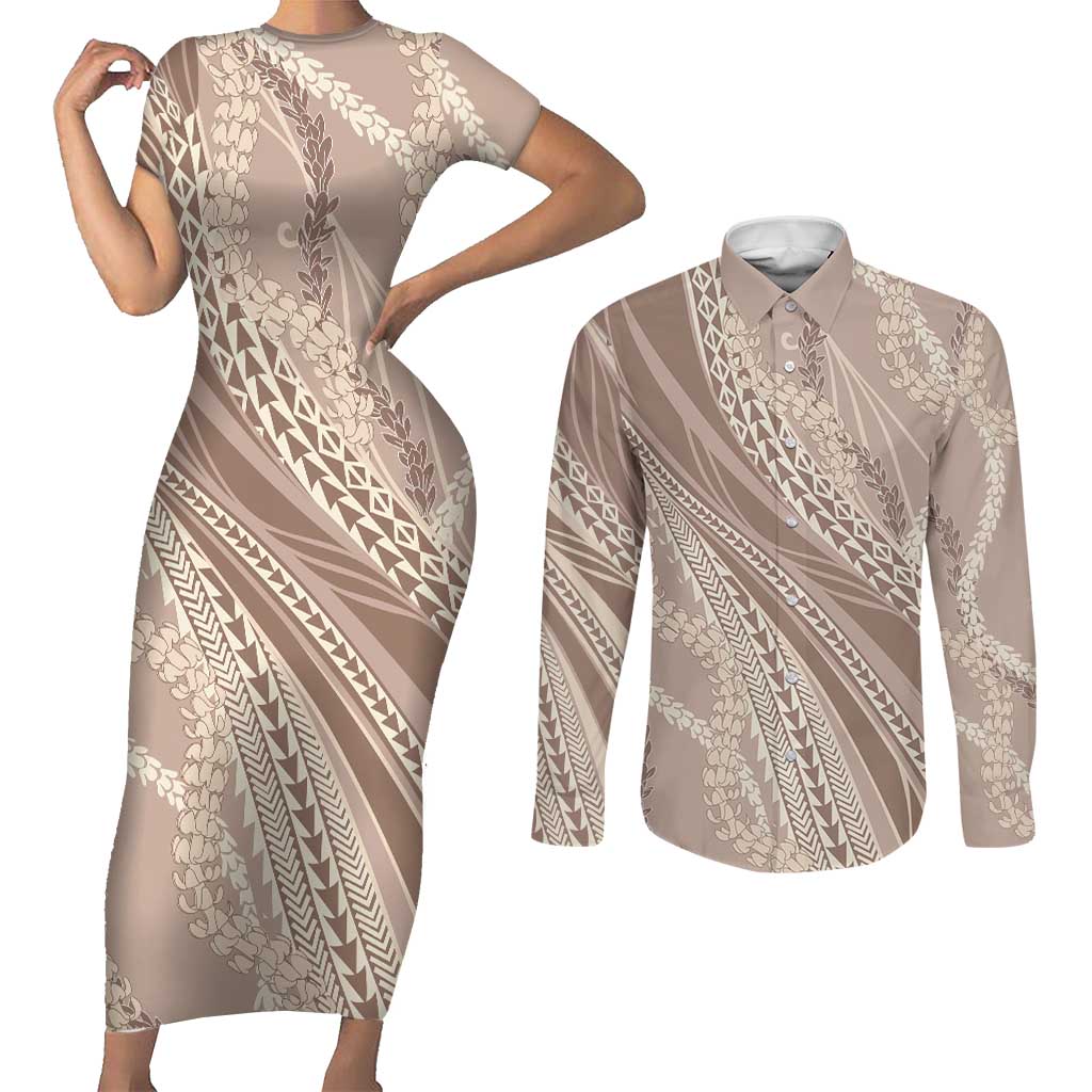Polynesian Puakeniken Pikake Twisted Lei Couples Matching Short Sleeve Bodycon Dress and Long Sleeve Button Shirt Beige LT7 Beige - Polynesian Pride