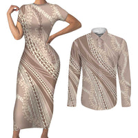 Polynesian Puakeniken Pikake Twisted Lei Couples Matching Short Sleeve Bodycon Dress and Long Sleeve Button Shirt Beige LT7 Beige - Polynesian Pride