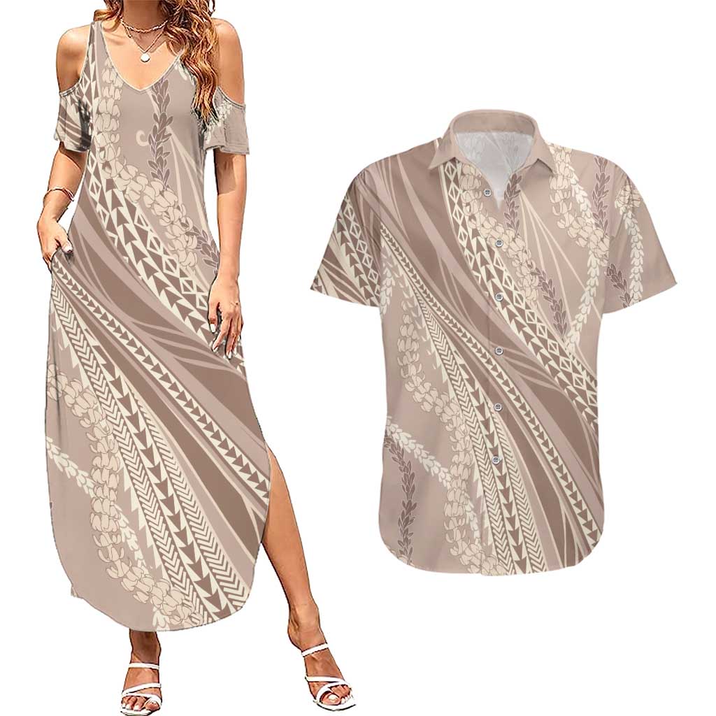 Polynesian Puakeniken Pikake Twisted Lei Couples Matching Summer Maxi Dress and Hawaiian Shirt Beige LT7 Beige - Polynesian Pride