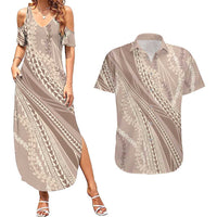 Polynesian Puakeniken Pikake Twisted Lei Couples Matching Summer Maxi Dress and Hawaiian Shirt Beige LT7 Beige - Polynesian Pride