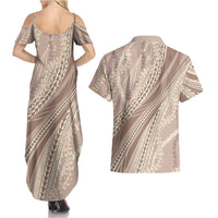 Polynesian Puakeniken Pikake Twisted Lei Couples Matching Summer Maxi Dress and Hawaiian Shirt Beige LT7 - Polynesian Pride