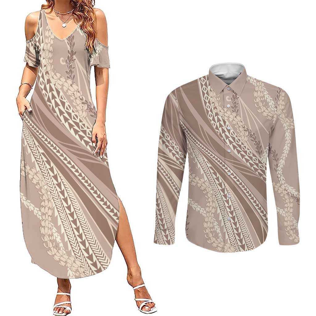 Polynesian Puakeniken Pikake Twisted Lei Couples Matching Summer Maxi Dress and Long Sleeve Button Shirt Beige LT7 Beige - Polynesian Pride