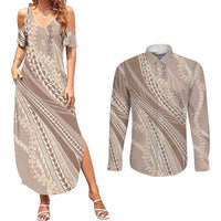 Polynesian Puakeniken Pikake Twisted Lei Couples Matching Summer Maxi Dress and Long Sleeve Button Shirt Beige - Polynesian Pride