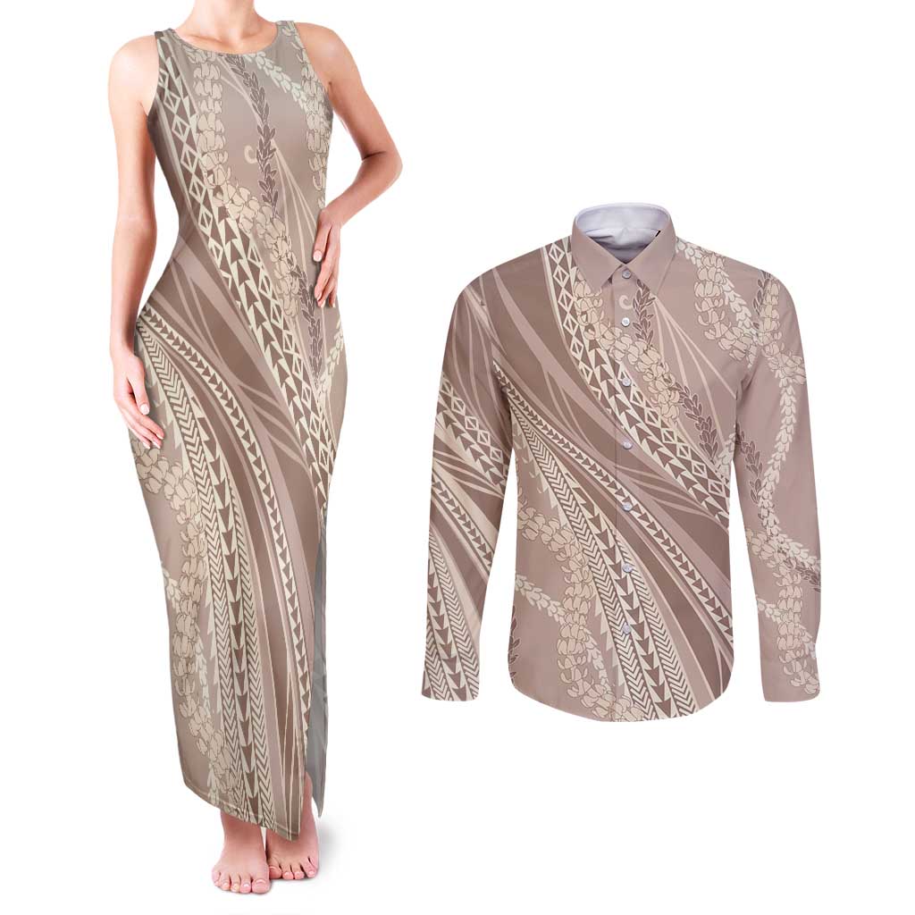Polynesian Puakeniken Pikake Twisted Lei Couples Matching Tank Maxi Dress and Long Sleeve Button Shirt Beige LT7 Beige - Polynesian Pride