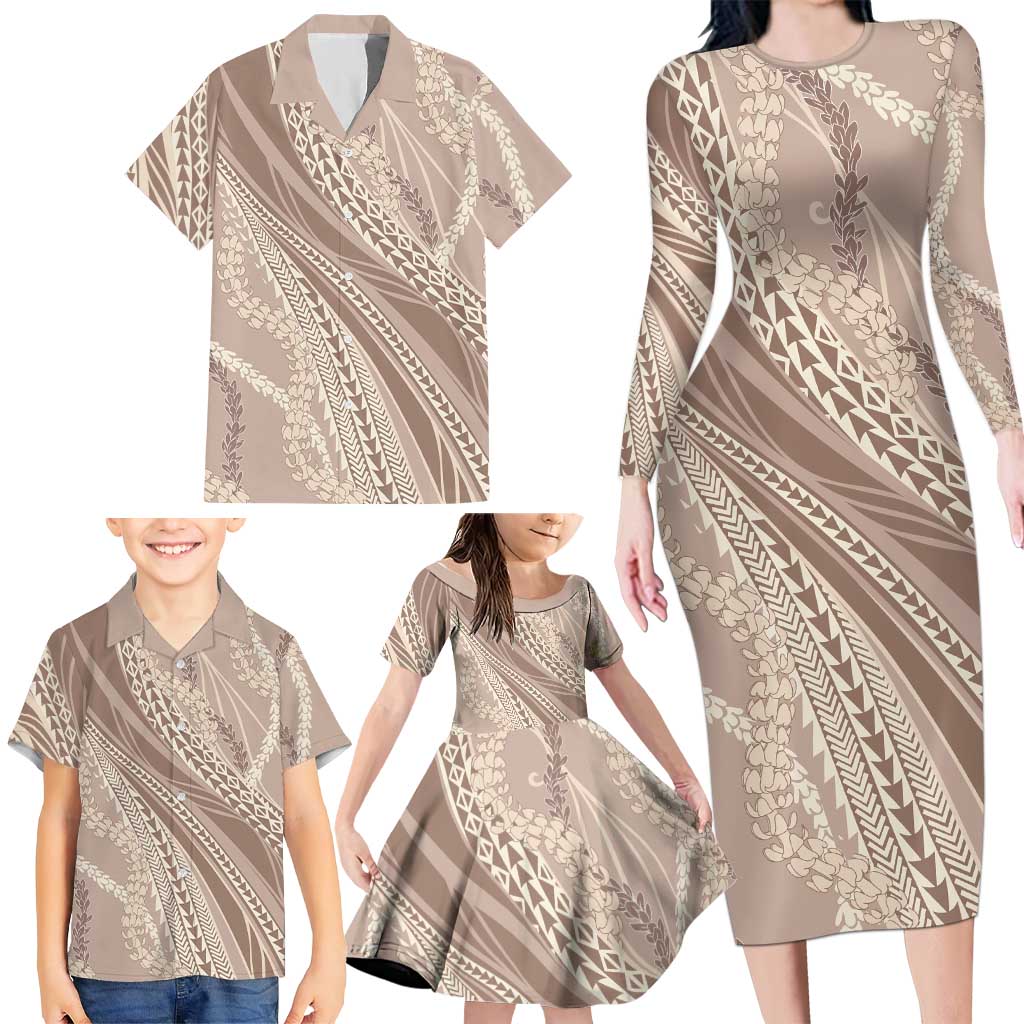 Polynesian Puakeniken Pikake Twisted Lei Family Matching Long Sleeve Bodycon Dress and Hawaiian Shirt Beige LT7 - Polynesian Pride