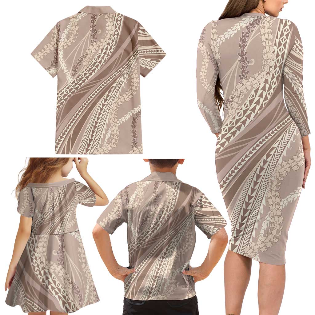 Polynesian Puakeniken Pikake Twisted Lei Family Matching Long Sleeve Bodycon Dress and Hawaiian Shirt Beige LT7 - Polynesian Pride