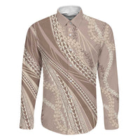 Polynesian Puakeniken Pikake Twisted Lei Family Matching Off The Shoulder Long Sleeve Dress and Hawaiian Shirt Beige LT7 Dad's Shirt - Long Sleeve Beige - Polynesian Pride