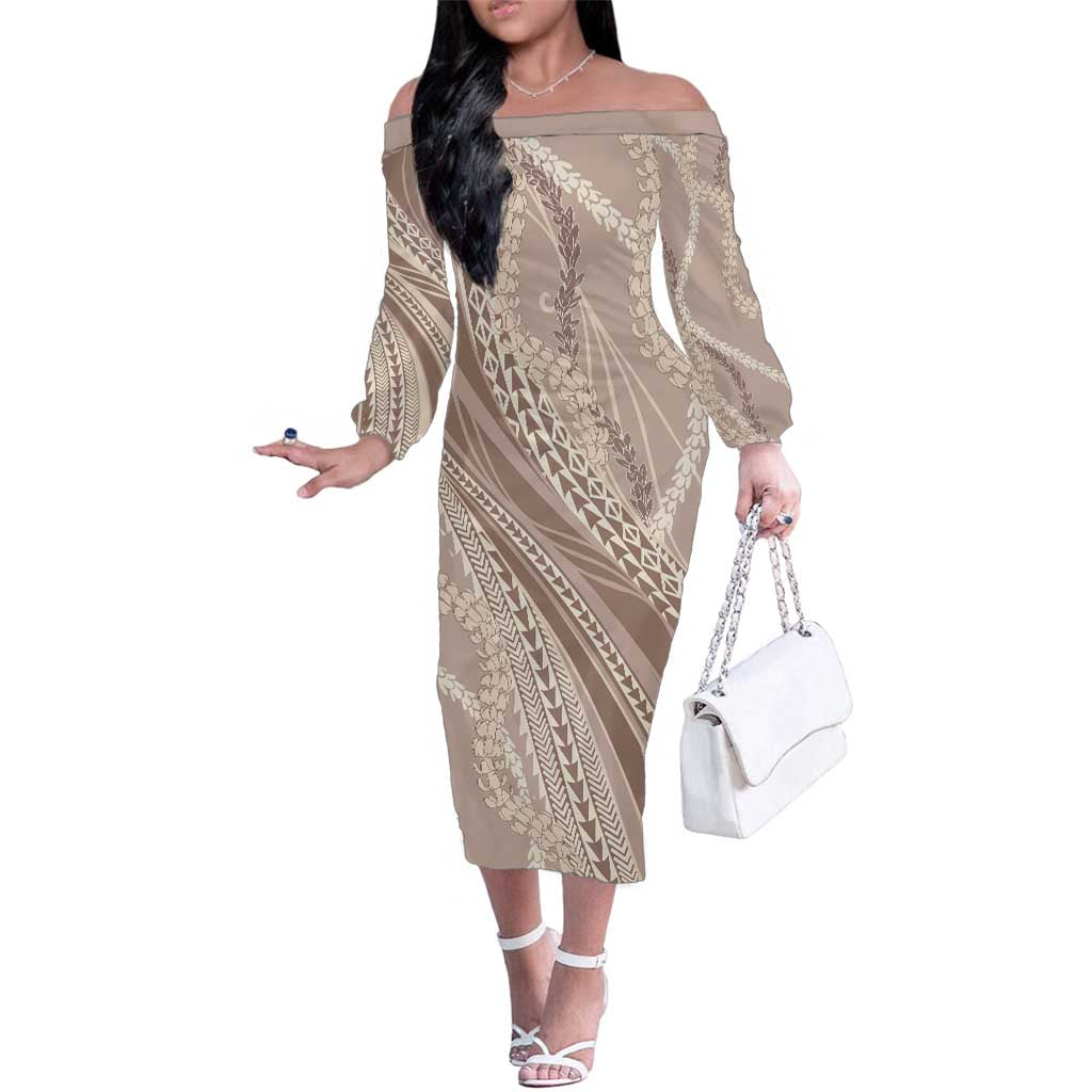 Polynesian Puakeniken Pikake Twisted Lei Family Matching Off The Shoulder Long Sleeve Dress and Hawaiian Shirt Beige LT7 Mom's Dress Beige - Polynesian Pride