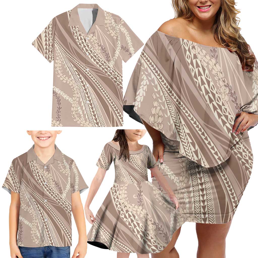Polynesian Puakeniken Pikake Twisted Lei Family Matching Off Shoulder Short Dress and Hawaiian Shirt Beige - Polynesian Pride