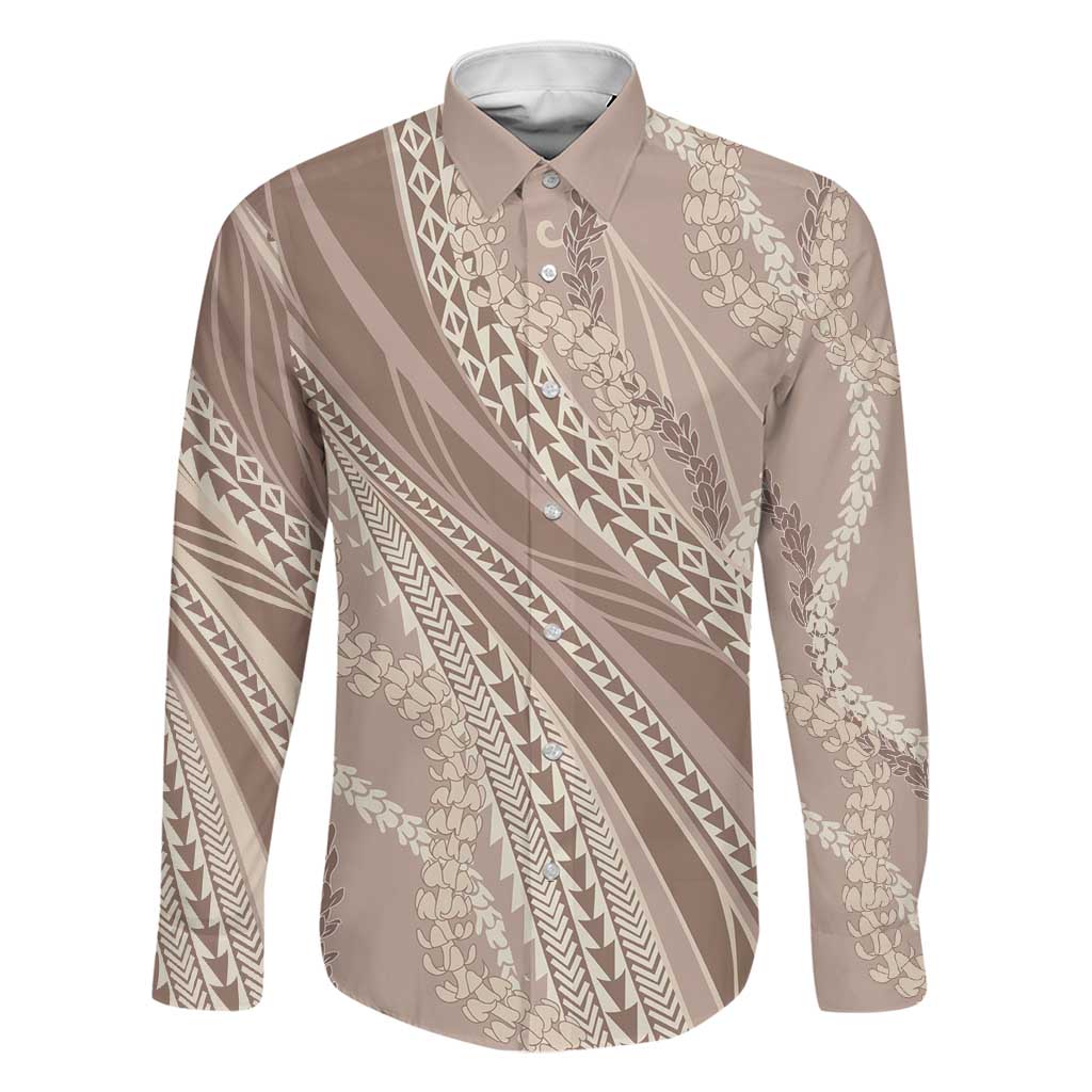 Polynesian Puakeniken Pikake Twisted Lei Family Matching Off Shoulder Short Dress and Hawaiian Shirt Beige LT7 Dad's Shirt - Long Sleeve Beige - Polynesian Pride