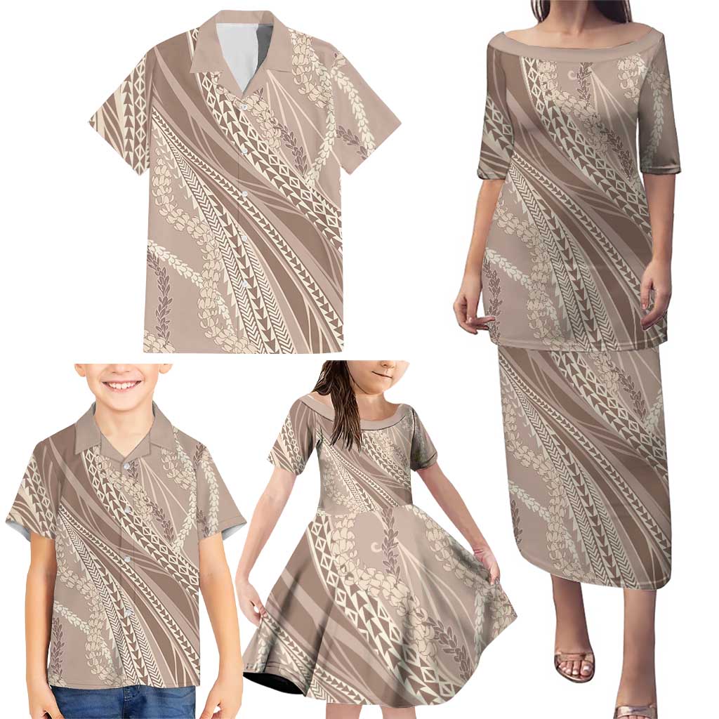 Polynesian Puakeniken Pikake Twisted Lei Family Matching Puletasi and Hawaiian Shirt Beige LT7 - Polynesian Pride
