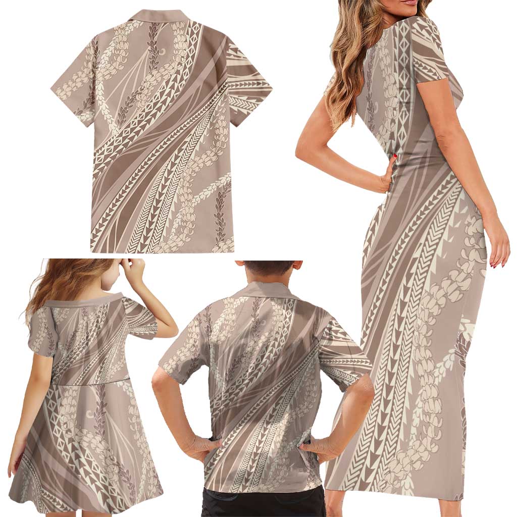 Polynesian Puakeniken Pikake Twisted Lei Family Matching Short Sleeve Bodycon Dress and Hawaiian Shirt Beige LT7 - Polynesian Pride