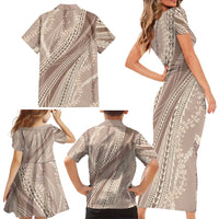 Polynesian Puakeniken Pikake Twisted Lei Family Matching Short Sleeve Bodycon Dress and Hawaiian Shirt Beige LT7 - Polynesian Pride