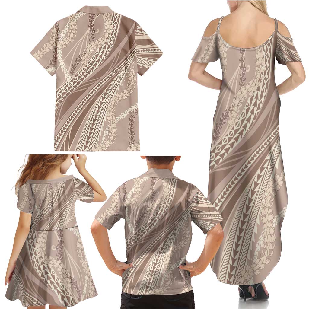 Polynesian Puakeniken Pikake Twisted Lei Family Matching Summer Maxi Dress and Hawaiian Shirt Beige LT7 - Polynesian Pride