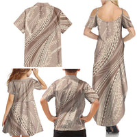 Polynesian Puakeniken Pikake Twisted Lei Family Matching Summer Maxi Dress and Hawaiian Shirt Beige LT7 - Polynesian Pride