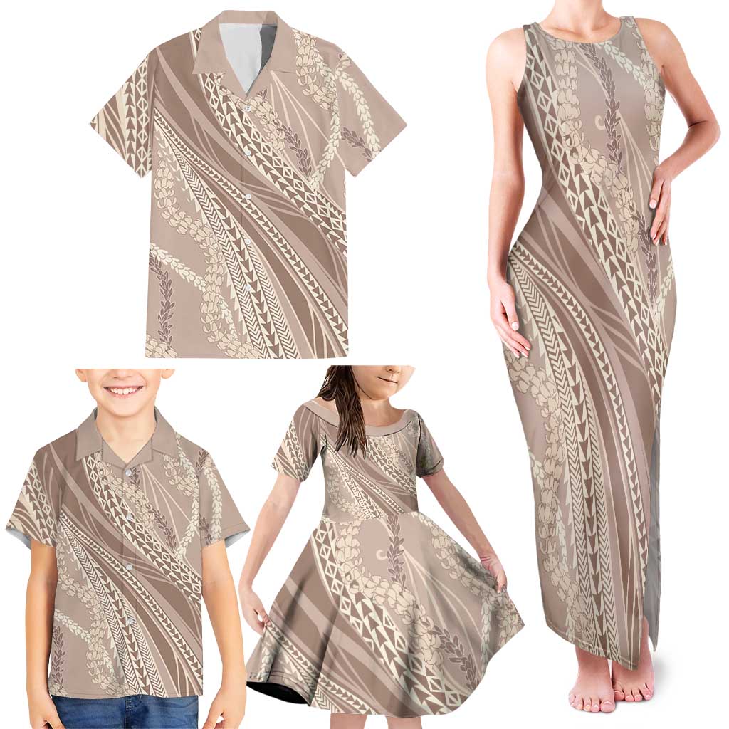 Polynesian Puakeniken Pikake Twisted Lei Family Matching Tank Maxi Dress and Hawaiian Shirt Beige LT7 - Polynesian Pride