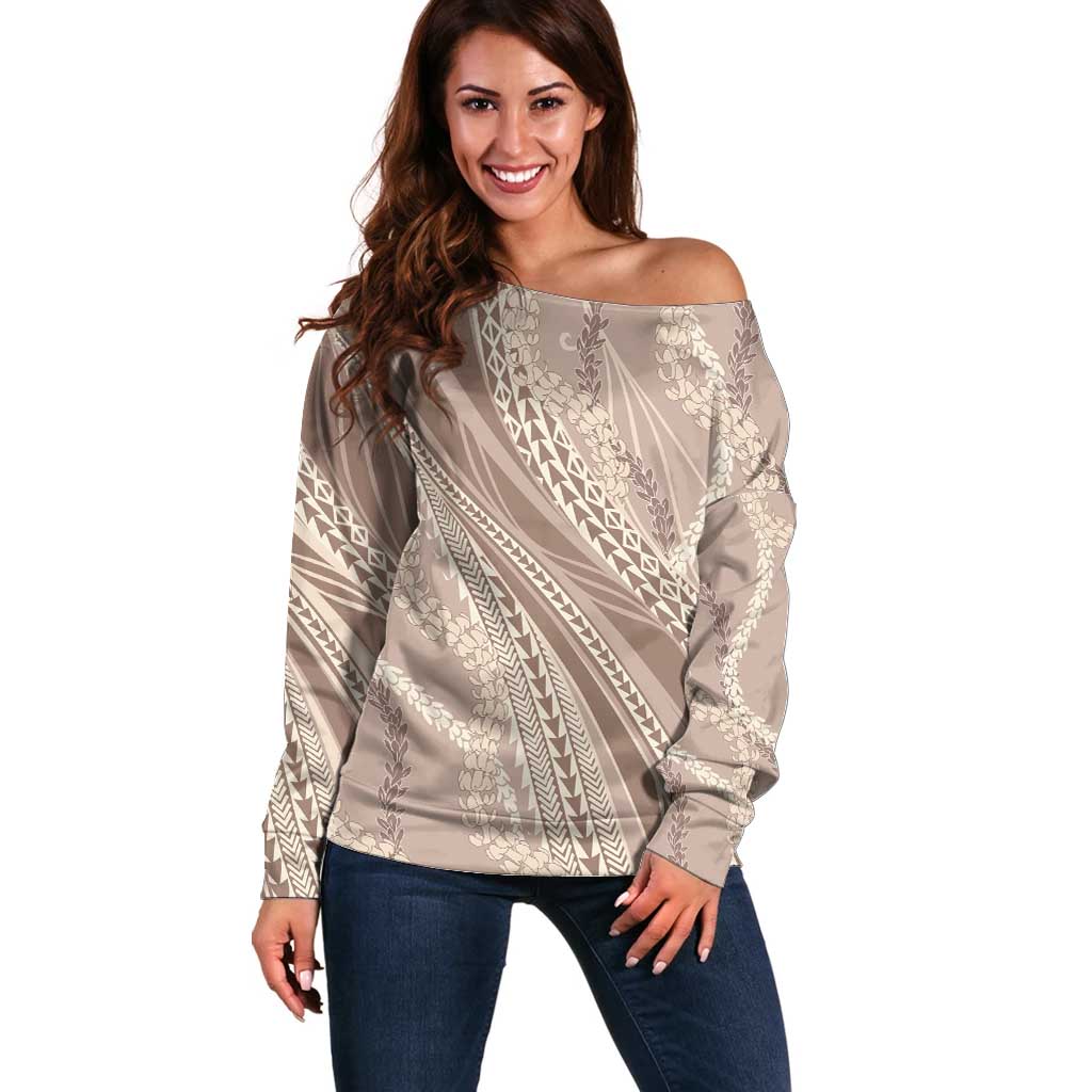 Polynesian Puakeniken Pikake Twisted Lei Off Shoulder Sweater Beige - Polynesian Pride