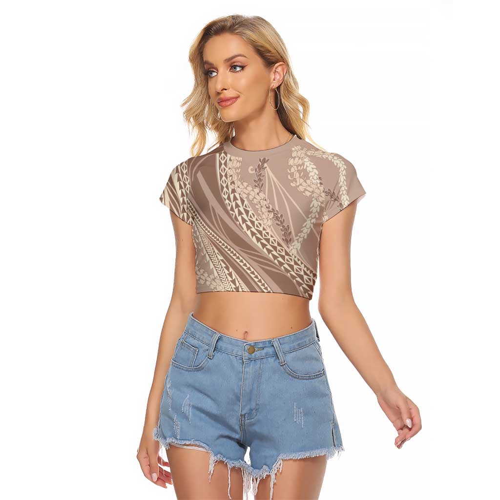 Polynesian Puakeniken Pikake Twisted Lei Raglan Cropped T Shirt Beige - Polynesian Pride