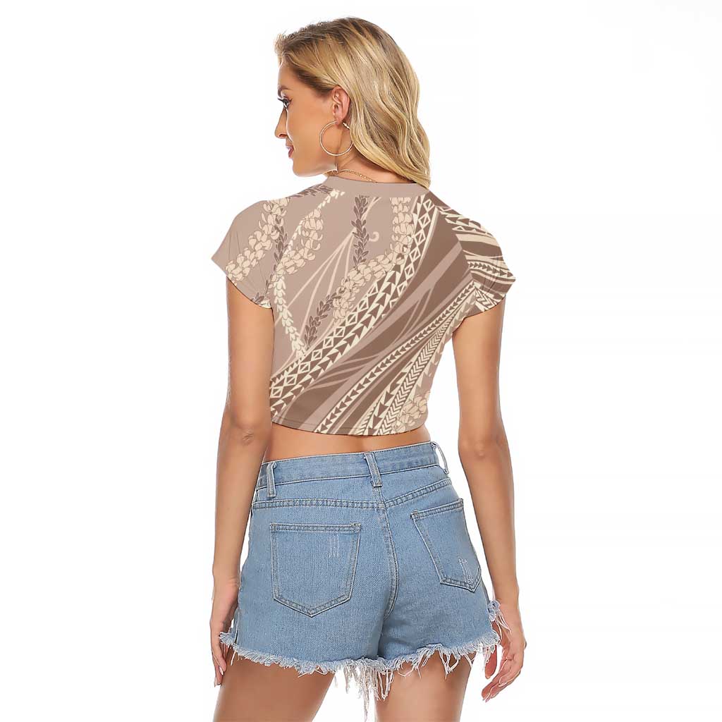 Polynesian Puakeniken Pikake Twisted Lei Raglan Cropped T Shirt Beige - Polynesian Pride