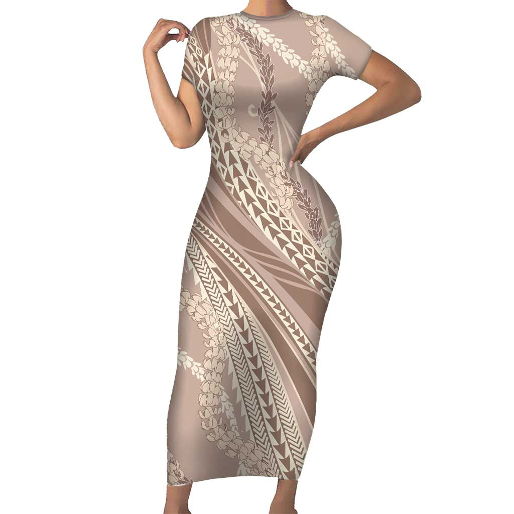 Polynesian Puakeniken Pikake Twisted Lei Short Sleeve Bodycon Dress Beige - Polynesian Pride