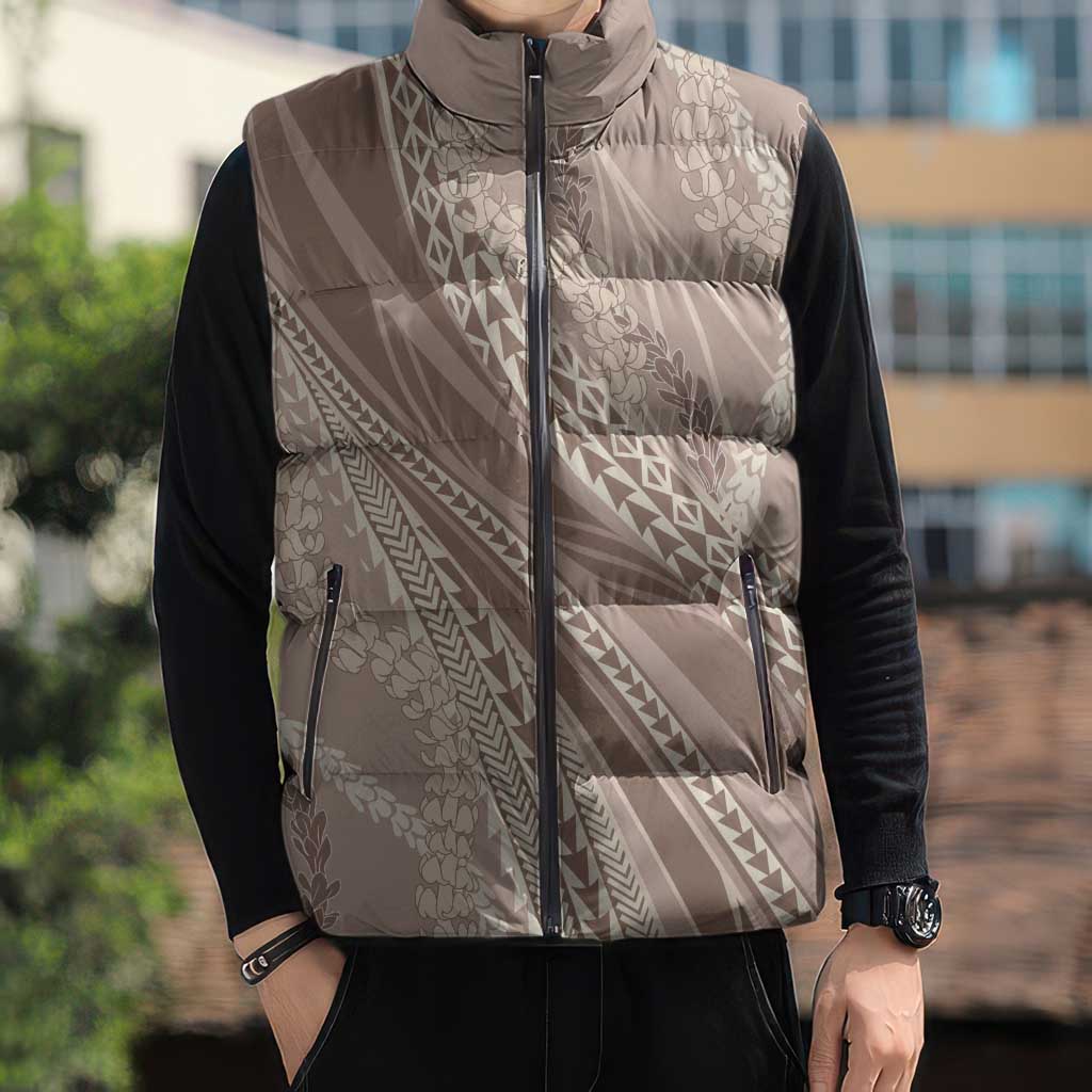 Polynesian Puakeniken Pikake Twisted Lei Sleeveless Puffer Jacket Beige - Polynesian Pride