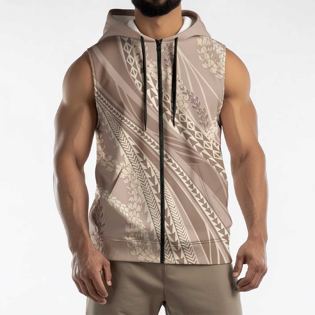 Polynesian Puakeniken Pikake Twisted Lei Sleeveless Zip Hoodie Beige - Polynesian Pride