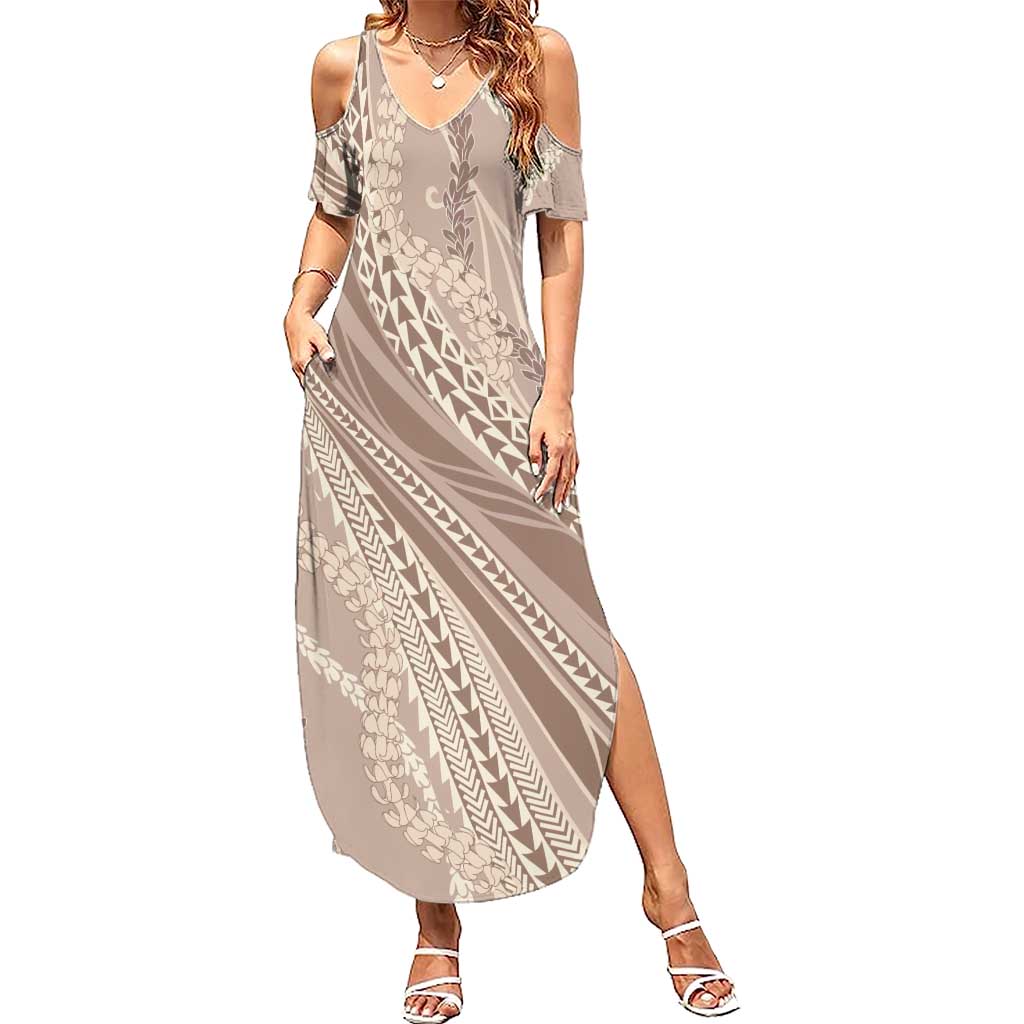 Polynesian Puakeniken Pikake Twisted Lei Summer Maxi Dress Beige - Polynesian Pride