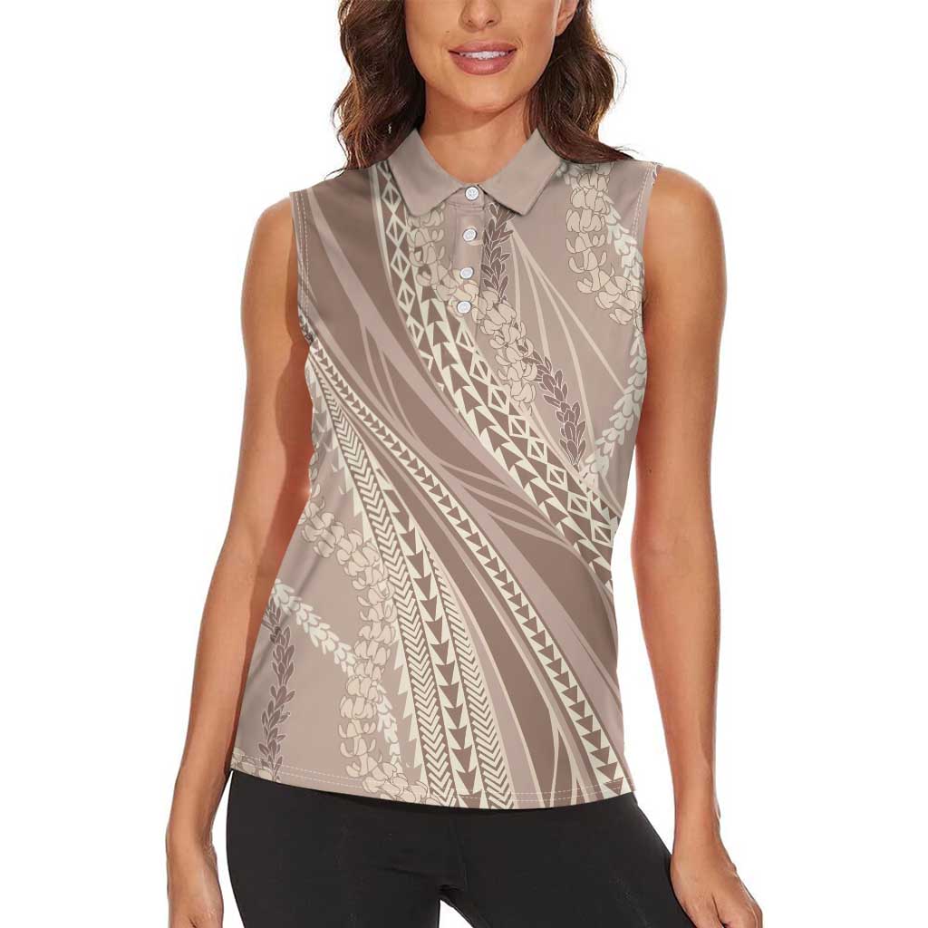 Polynesian Puakeniken Pikake Twisted Lei Women Sleeveless Polo Shirt Beige - Polynesian Pride