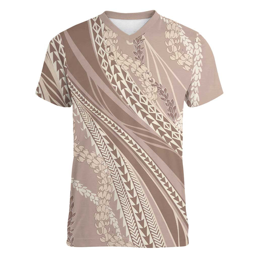 Polynesian Puakeniken Pikake Twisted Lei Women V-Neck T-Shirt Beige - Polynesian Pride