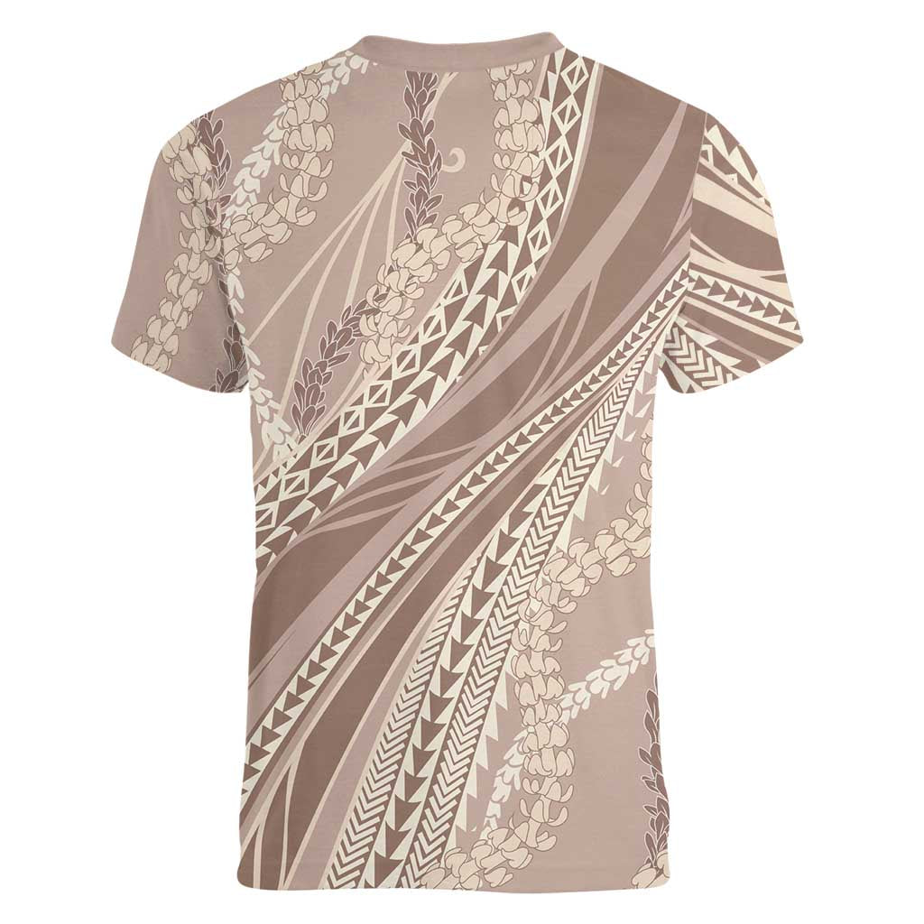 Polynesian Puakeniken Pikake Twisted Lei Women V-Neck T-Shirt Beige - Polynesian Pride