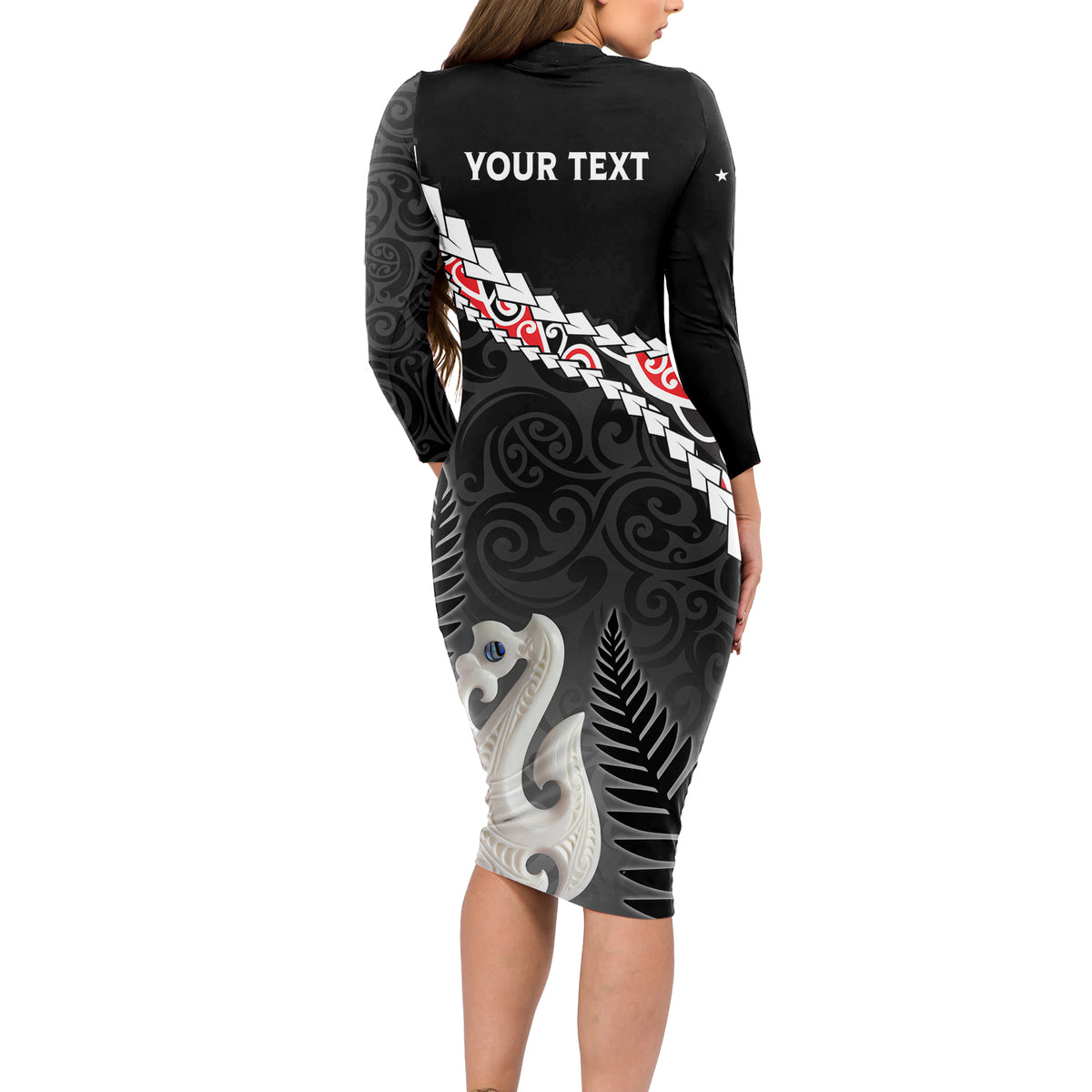 Personalised New Zealand Maori Long Sleeve Bodycon Dress Manaia Mix Koru LT7 - Polynesian Pride