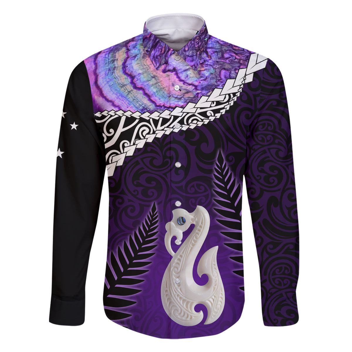 Personalised New Zealand Maori Family Matching Off Shoulder Short Dress and Hawaiian Shirt Manaia Paua Shell Purple LT7 Dad's Shirt - Long Sleeve Purple - Polynesian Pride