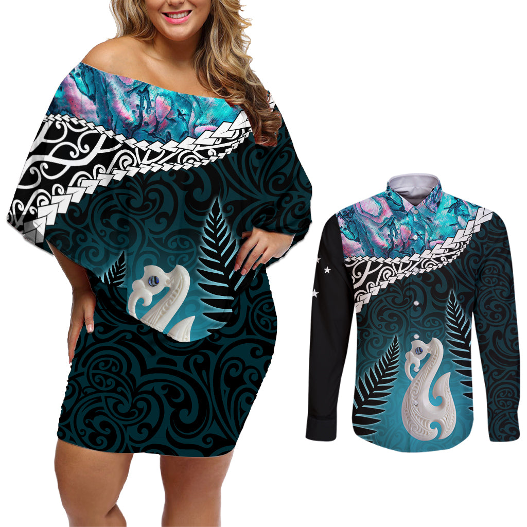 Personalised New Zealand Maori Couples Matching Off Shoulder Short Dress and Long Sleeve Button Shirt Manaia Paua Shell Turquoise LT7 Turquoise - Polynesian Pride
