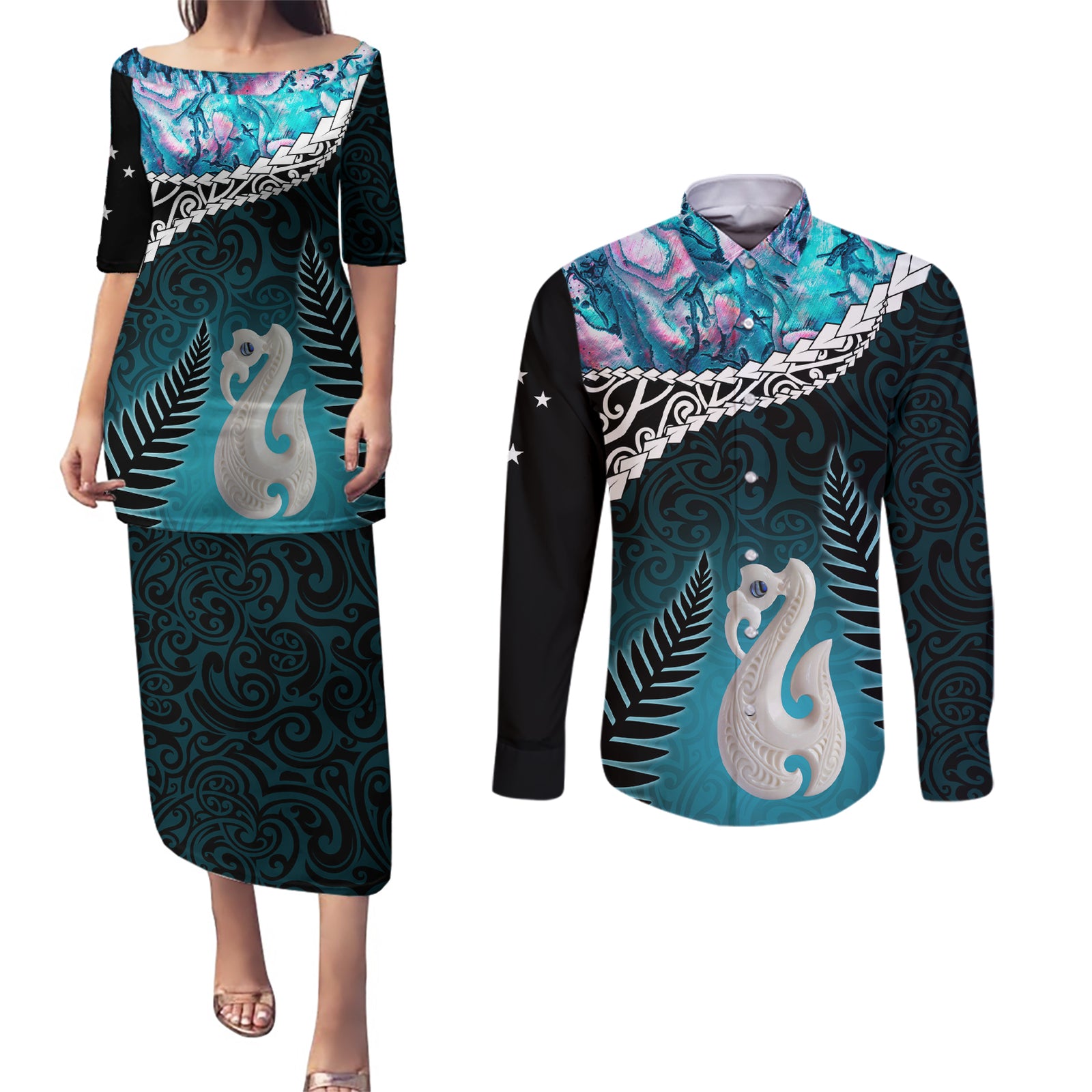 Personalised New Zealand Maori Couples Matching Puletasi and Long Sleeve Button Shirt Manaia Paua Shell Turquoise LT7 Turquoise - Polynesian Pride