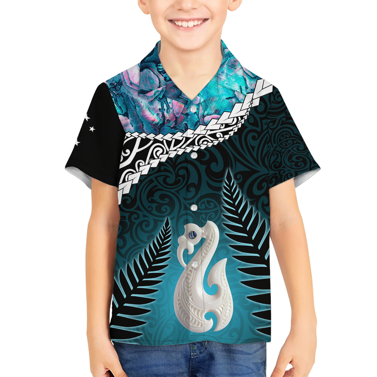 Personalised New Zealand Maori Family Matching Puletasi and Hawaiian Shirt Manaia Paua Shell Turquoise LT7 Son's Shirt Turquoise - Polynesian Pride